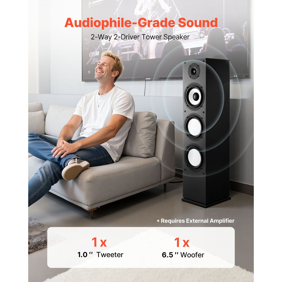 Floorstanding Speaker, 2-Way, Floor-Standing Tower Speaker with 25.4 mm Tweeter, 165.1 mm Woofer, 200W Peak Power, 70Hz–20kHz Frequency Response, Durable MDF Enclosure, for Home Audio, Single