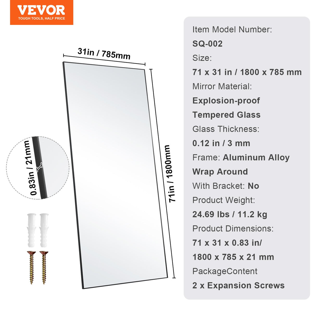 VEVOR Full Length Mirror, 1800x785 mm, Extra Large Standing Hanging or Leaning Rectangle Floor Mirror with Tempered Glass Aluminum Alloy Frame, Full Body Dressing Mirror for Living Room Bedroom, Black