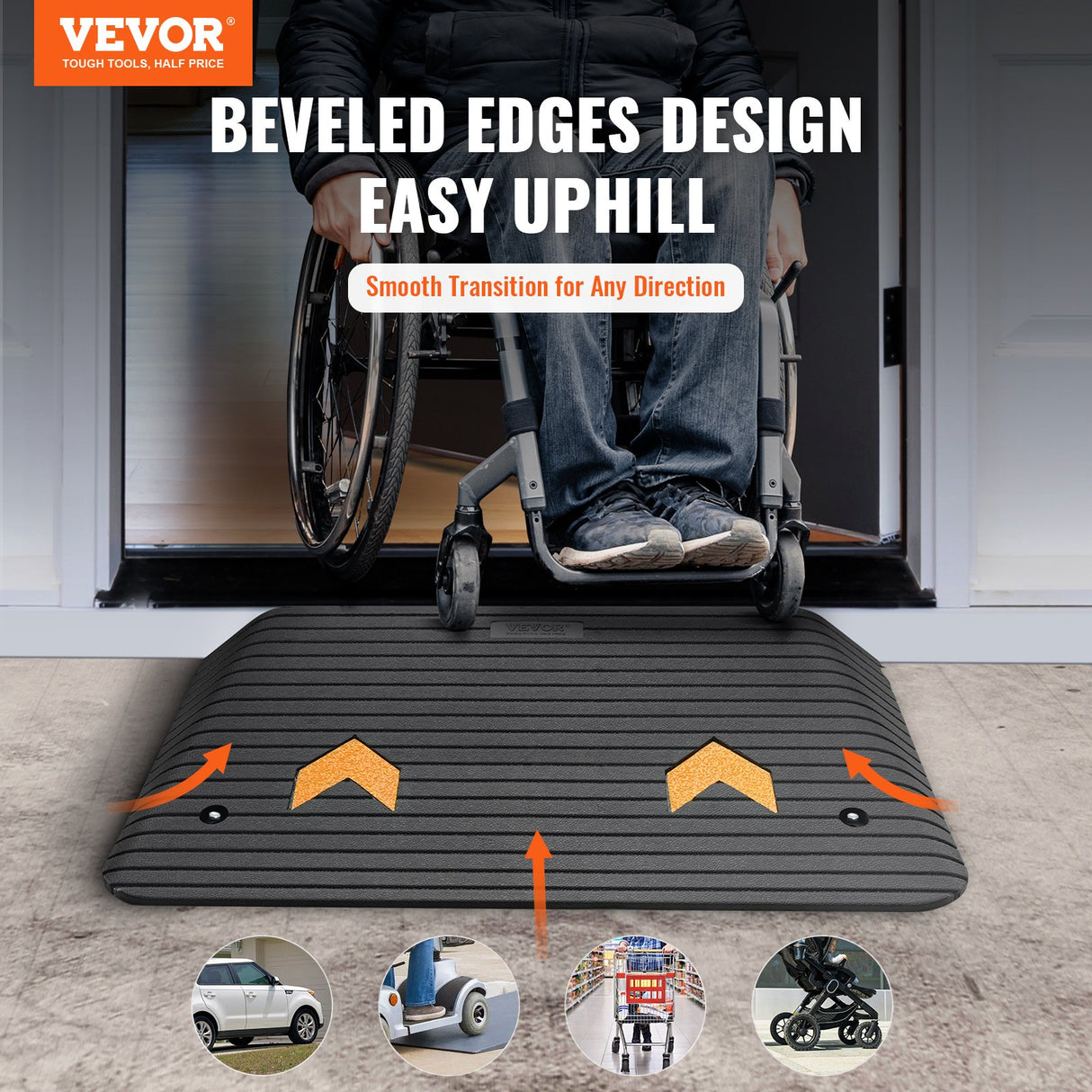 VEVOR Upgraded Rubber Threshold Ramp, 8.9 cm Rise Door Ramp with 1 Channel, Natural Rubber Car Ramp with Non-Slip Textured Surface, 15 tons Load Capacity Curb Ramp for Wheelchair and Scooter