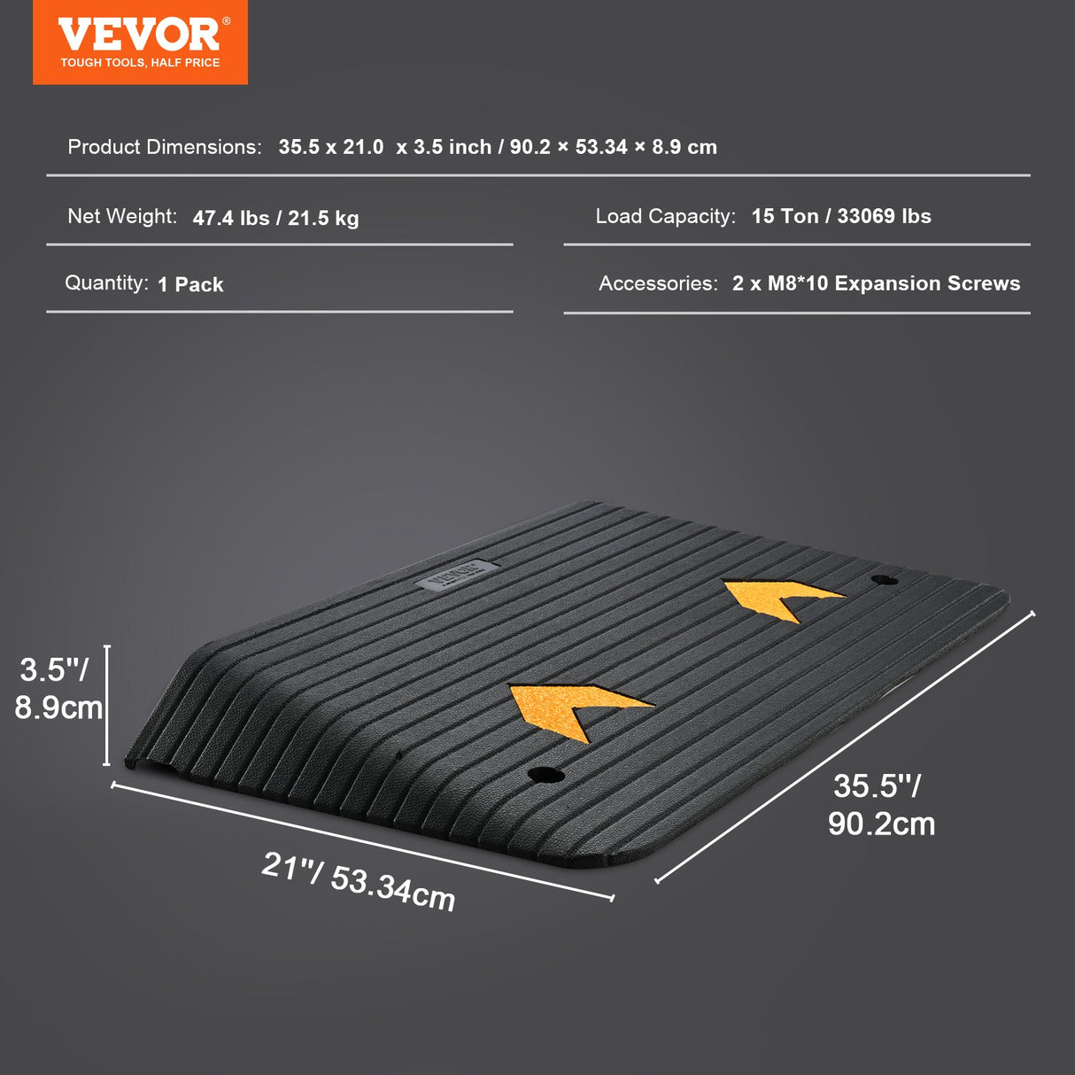 VEVOR Upgraded Rubber Threshold Ramp, 8.9 cm Rise Door Ramp with 1 Channel, Natural Rubber Car Ramp with Non-Slip Textured Surface, 15 tons Load Capacity Curb Ramp for Wheelchair and Scooter