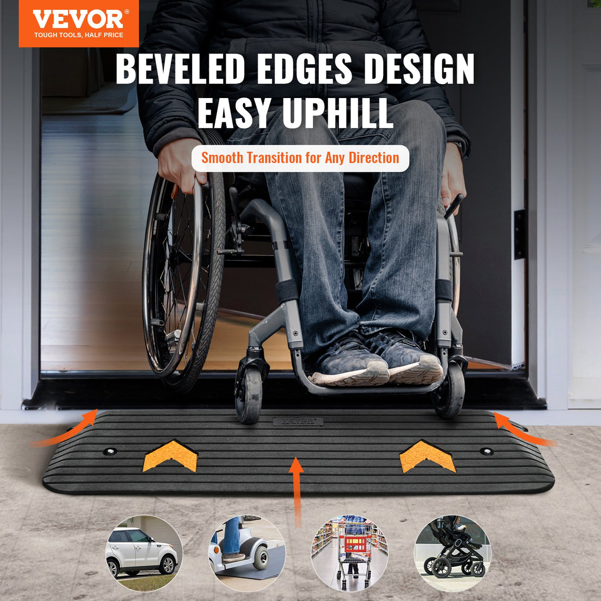 VEVOR Upgraded Rubber Threshold Ramp, 2.5 cm Rise Wheelchair Ramp Doorway, Natural Curb Ramp Rated 15 tons Load Capacity, Non-Slip Textured Surface Rubber Curb Ramp for Wheelchair and Scooter
