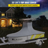 VEVOR T-Top Boat Cover, Fit for 22\'-24\' Boat, Heavy Duty 600D Marine Grade Oxford Hard Top Cover, UV Resistant Waterproof Center Console Boat Cover with 2 Support Poles and 7 Wind-Proof Straps, Gray - Front View