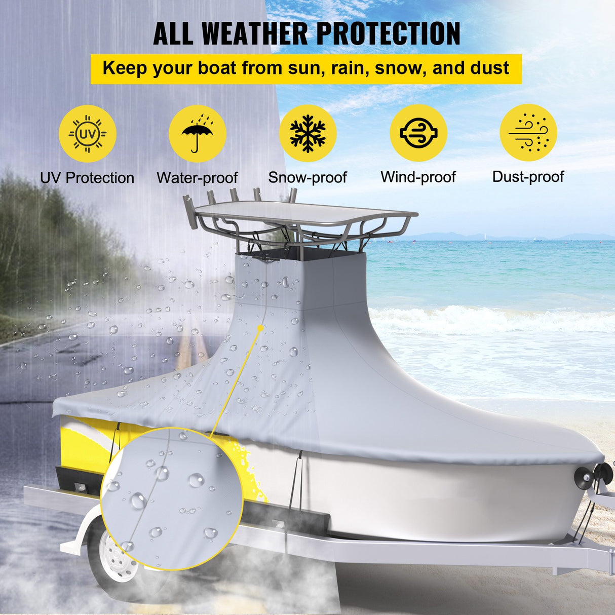 VEVOR T-Top Boat Cover, Fit for 22'-24' Boat, Heavy Duty 600D Marine Grade Oxford Hard Top Cover, UV Resistant Waterproof Center Console Boat Cover