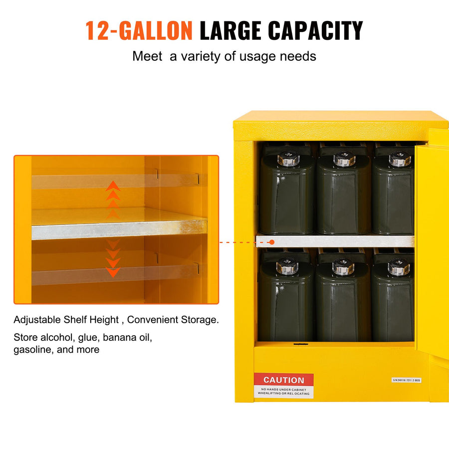 12 Gallon Safety Cabinet for Flammable Liquids Single door and Manual Close Yellow Hazardous Storage