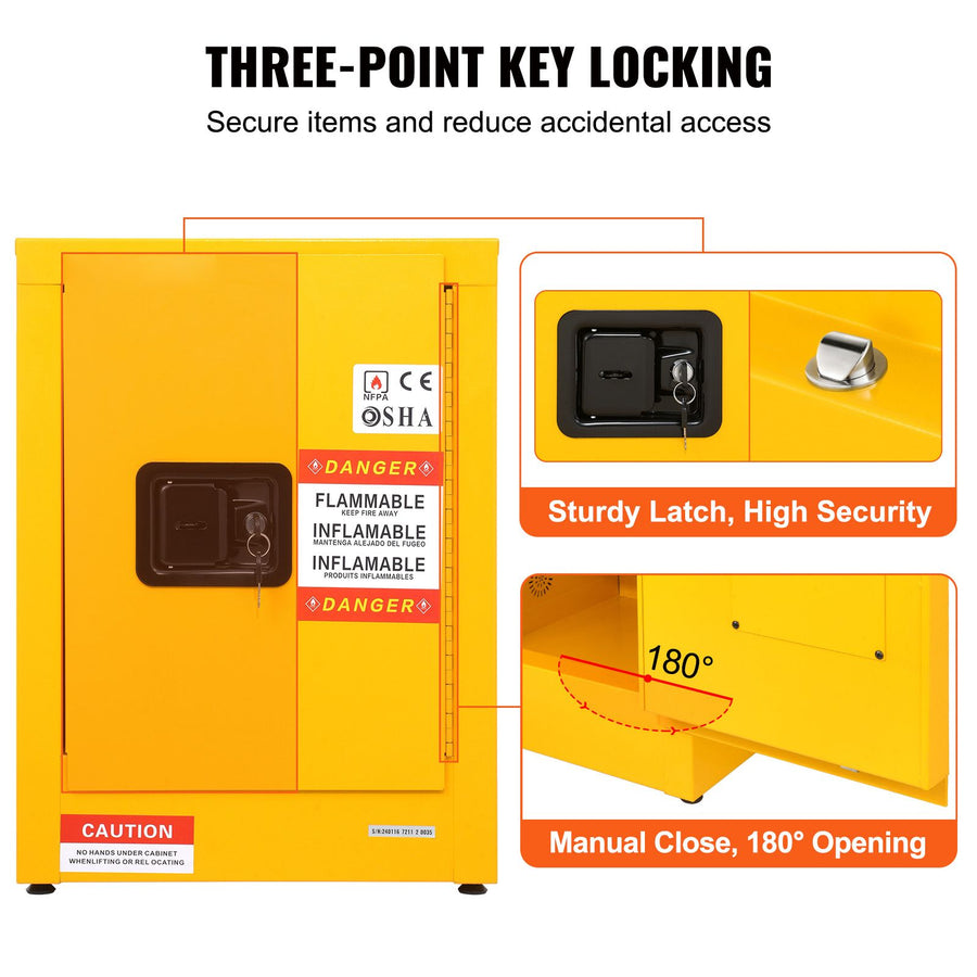 12 Gallon Safety Cabinet for Flammable Liquids Single door and Manual Close Yellow Hazardous Storage