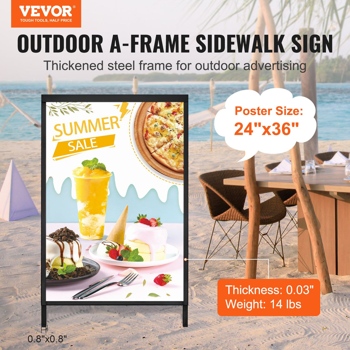 VEVOR A Frame Sidewalk Sign, 61x91cm Heavy Duty Slide-in Signboard Holder, Double-Sided Folding Sandwich Board Signs, Steel Pavement Sign Poster for