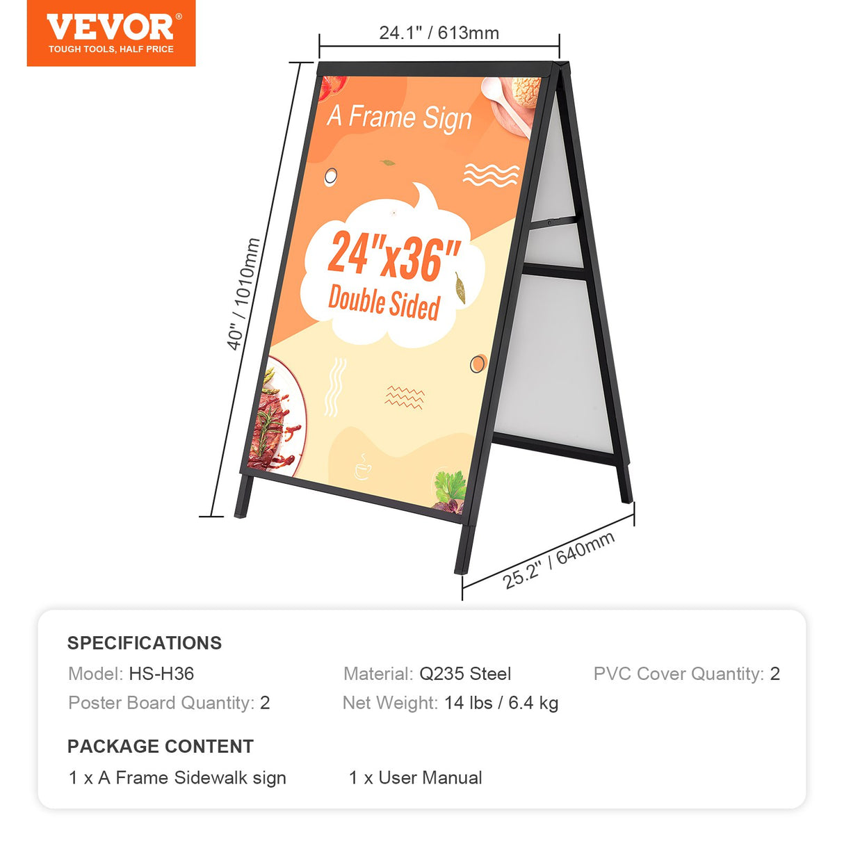 VEVOR A Frame Sidewalk Sign, 61x91cm Heavy Duty Slide-in Signboard Holder, Double-Sided Folding Sandwich Board Signs, Steel Pavement Sign Poster for