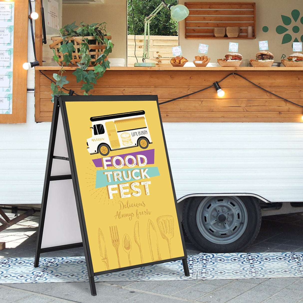 VEVOR A Frame Sidewalk Sign, 61x91cm Heavy Duty Slide-in Signboard Holder, Double-Sided Folding Sandwich Board Signs, Steel Pavement Sign Poster for