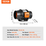 VEVOR Inline Duct Fan, 152.4mm 323.7 CFM with Variable Speed Controller, Quiet AC-motor Ventilation Exhaust Fan for Cooling Booster, Grow Tents, Hydroponics - Close-Up Angle