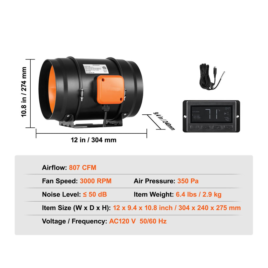 Inline Duct Fan, 203.2mm 506.2 CFM with Temperature Humidity Controller, Quiet EC-motor Ventilation Exhaust Fan for Cooling Booster, Grow Tents, Hydroponics