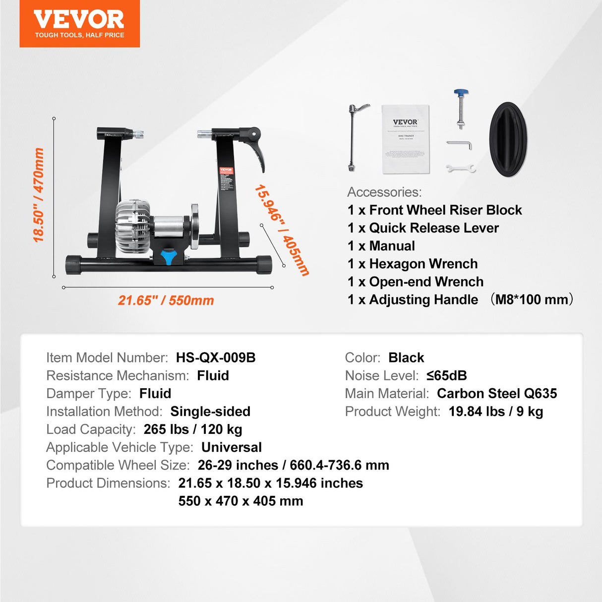 VEVOR Bike Trainer Stand, Fluid Stationary Bike Stand for 26"-29" Wheels, Noise Reduction Fluid Flywheel, Portable Cycling Stand for Indoor Riding