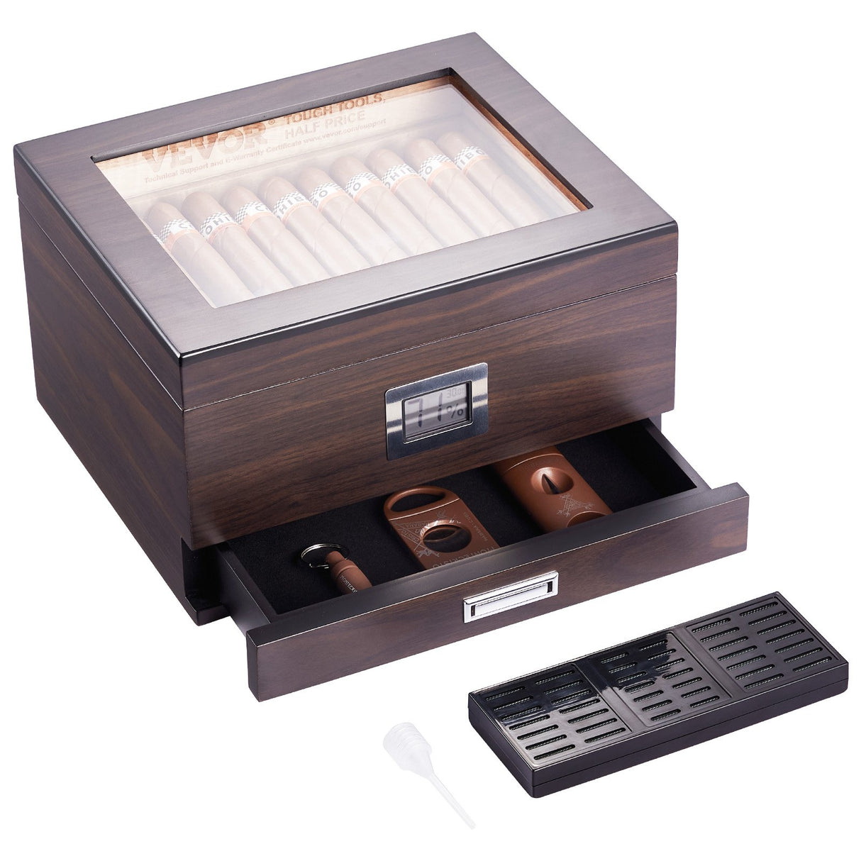 VEVOR 50 Cigar Humidor Glasstop Cedar Cigar Box Humidifier & Hygrometer & Drawer