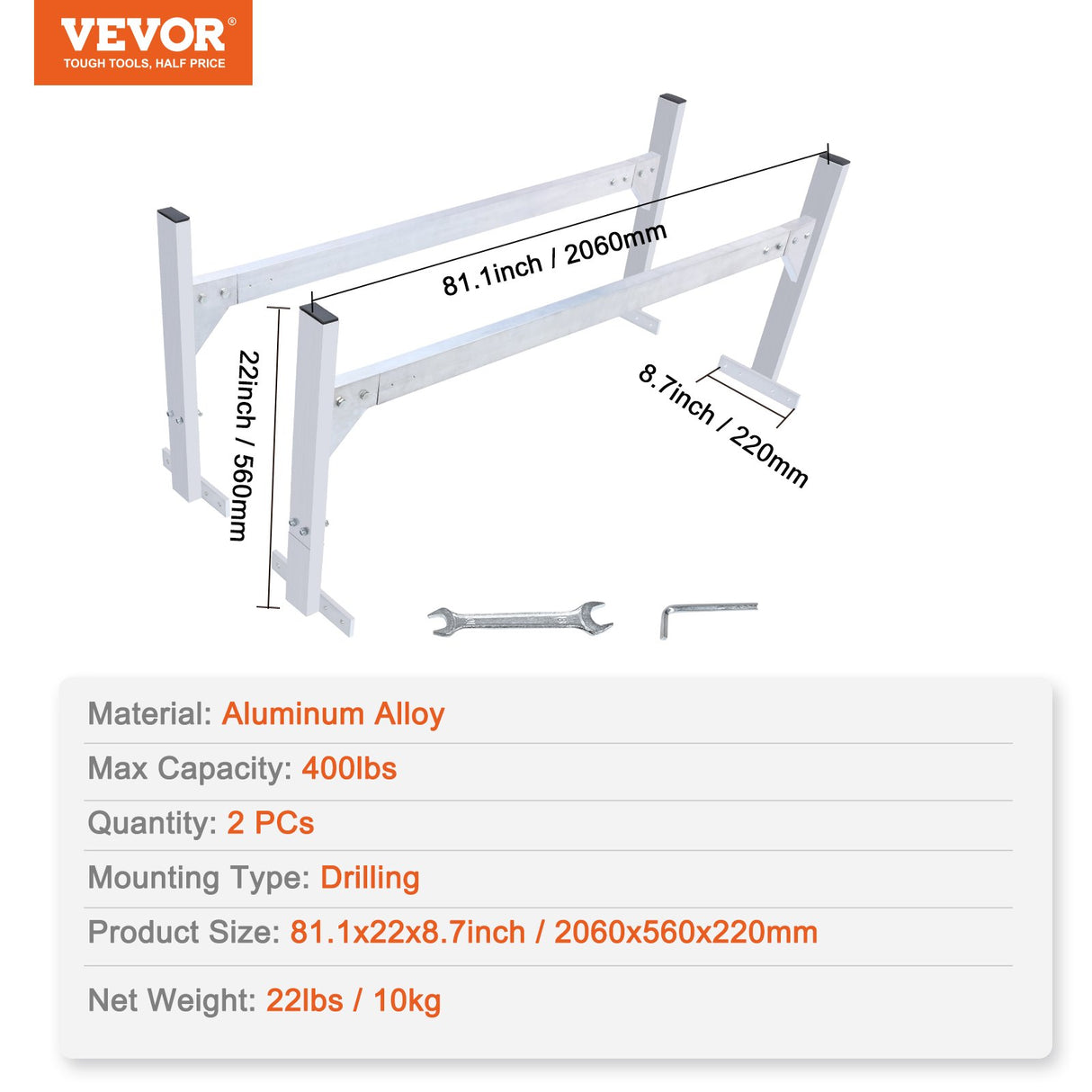 VEVOR Van Roof Ladder Rack, 2 Bars Aluminum Alloy Roof Ladder Racks, 181 kg Capacity Rain-Gutter Van Roof Rack, Adjustable Length 1300-2060 mm, Van