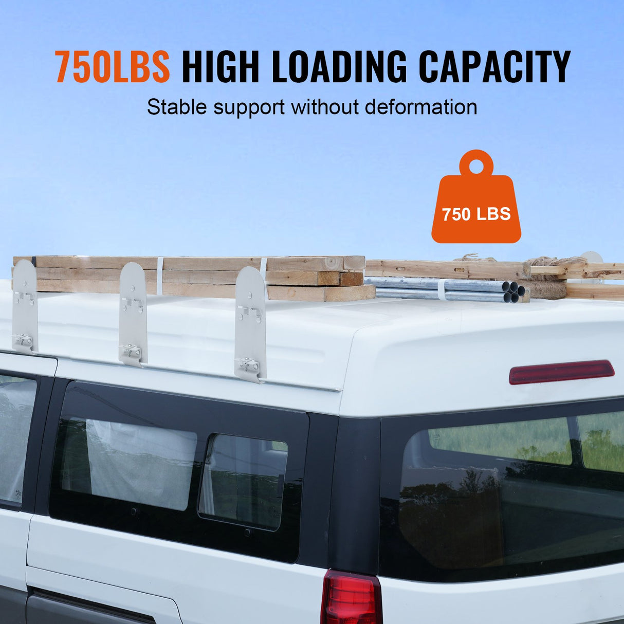 VEVOR Van Roof Ladder Rack, 3 Bars Alloy Steel Roof Racks, 750 LBS Capacity Rain-Gutter Roof Rack, Adjustable Length 40.2" to 74.8", Van Ladder Rack