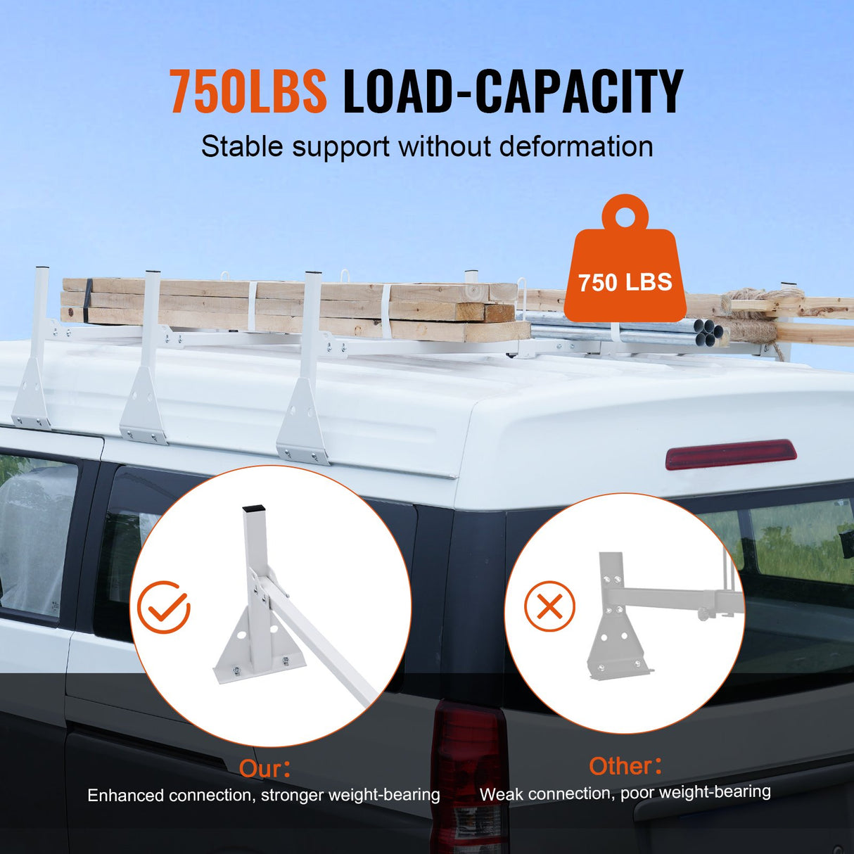 VEVOR 3-Bar Van Roof Ladder Rack Adjustable 56.3"-61.4" for Full-Size Vans