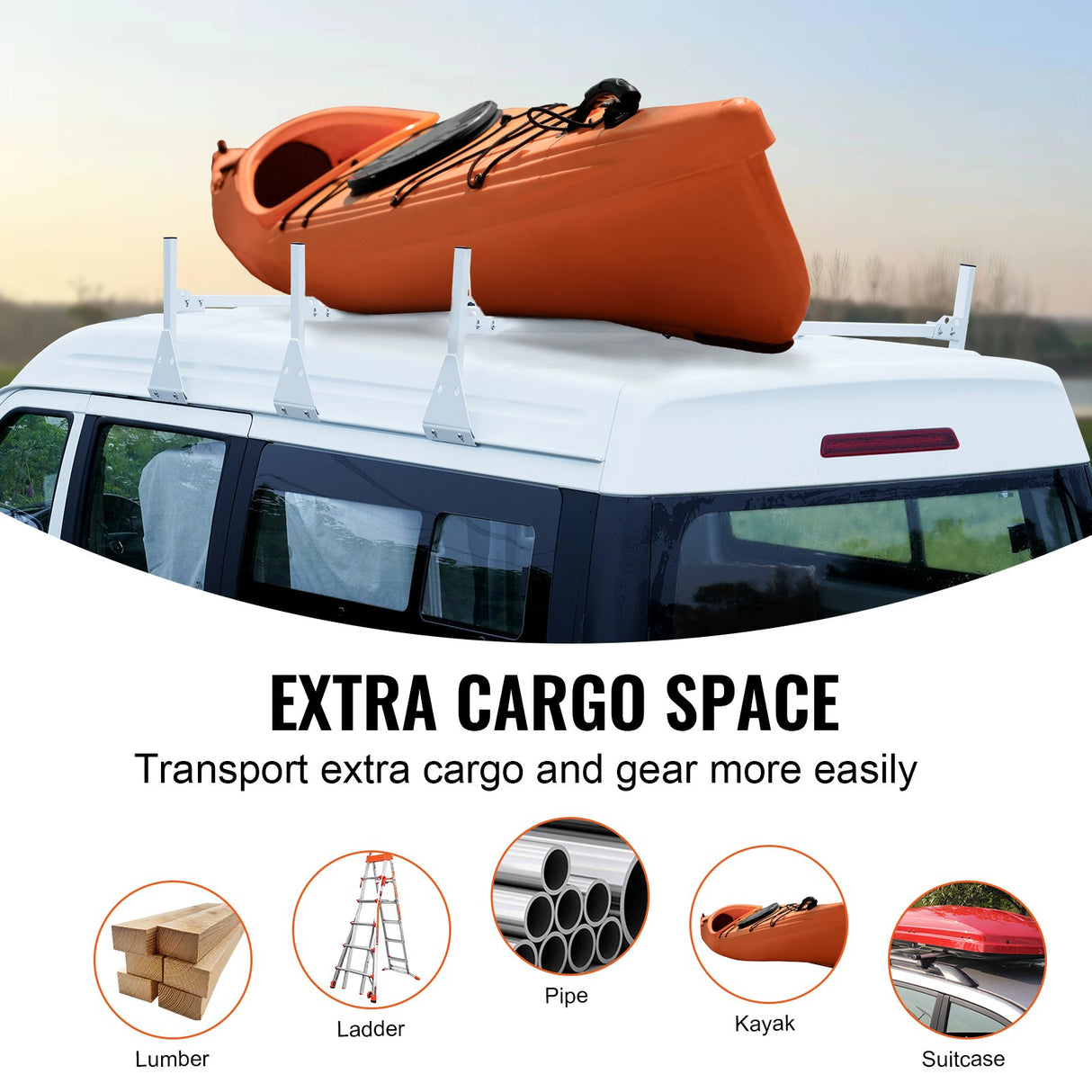 VEVOR 3-Bar Van Roof Ladder Rack Adjustable 56.3"-61.4" for Full-Size Vans