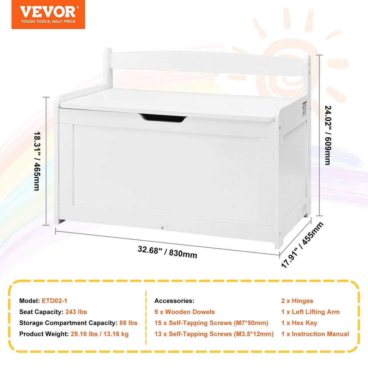 VEVOR Kids Toy Storage Bench Wooden Toy Box Chest 32.68 x 17.91 x 24.02" White