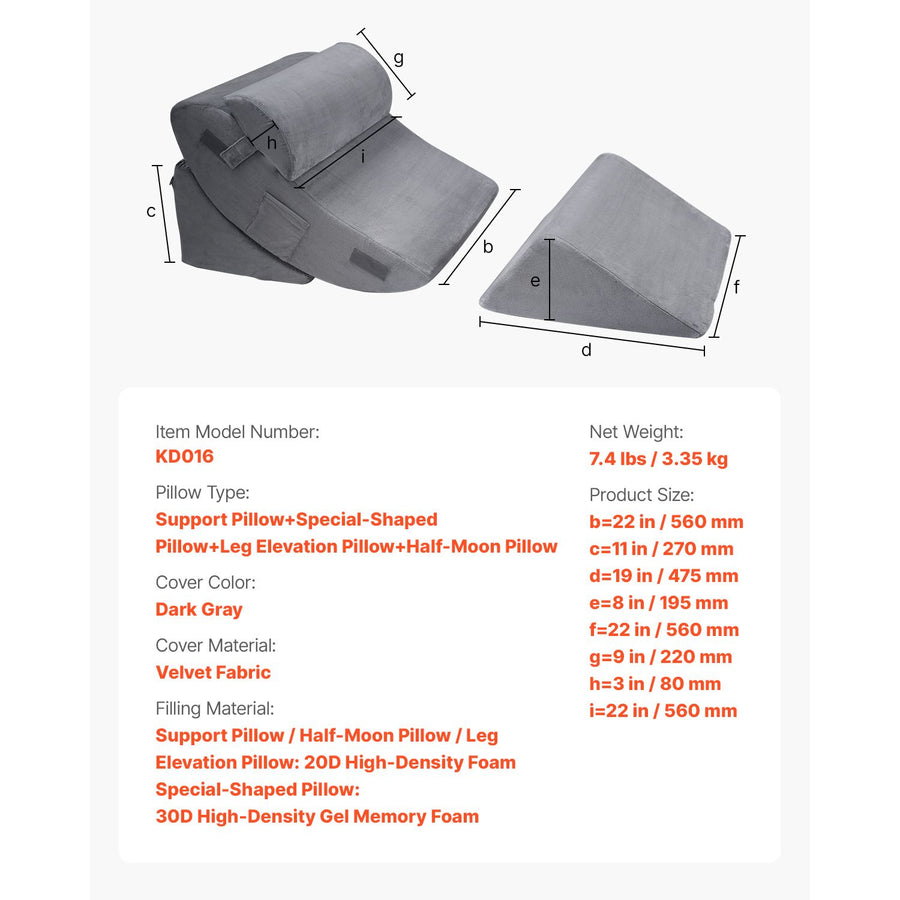 Wedge Pillow for Sleeping, 4 Pcs Adjustable Orthopedic Bed Wedge Set, Support Leg Neck Shoulder, Post Surgery Pillow for Back Pain, Acid Reflux, Snoring Relief, Sitting up in Bed, Dark Grey