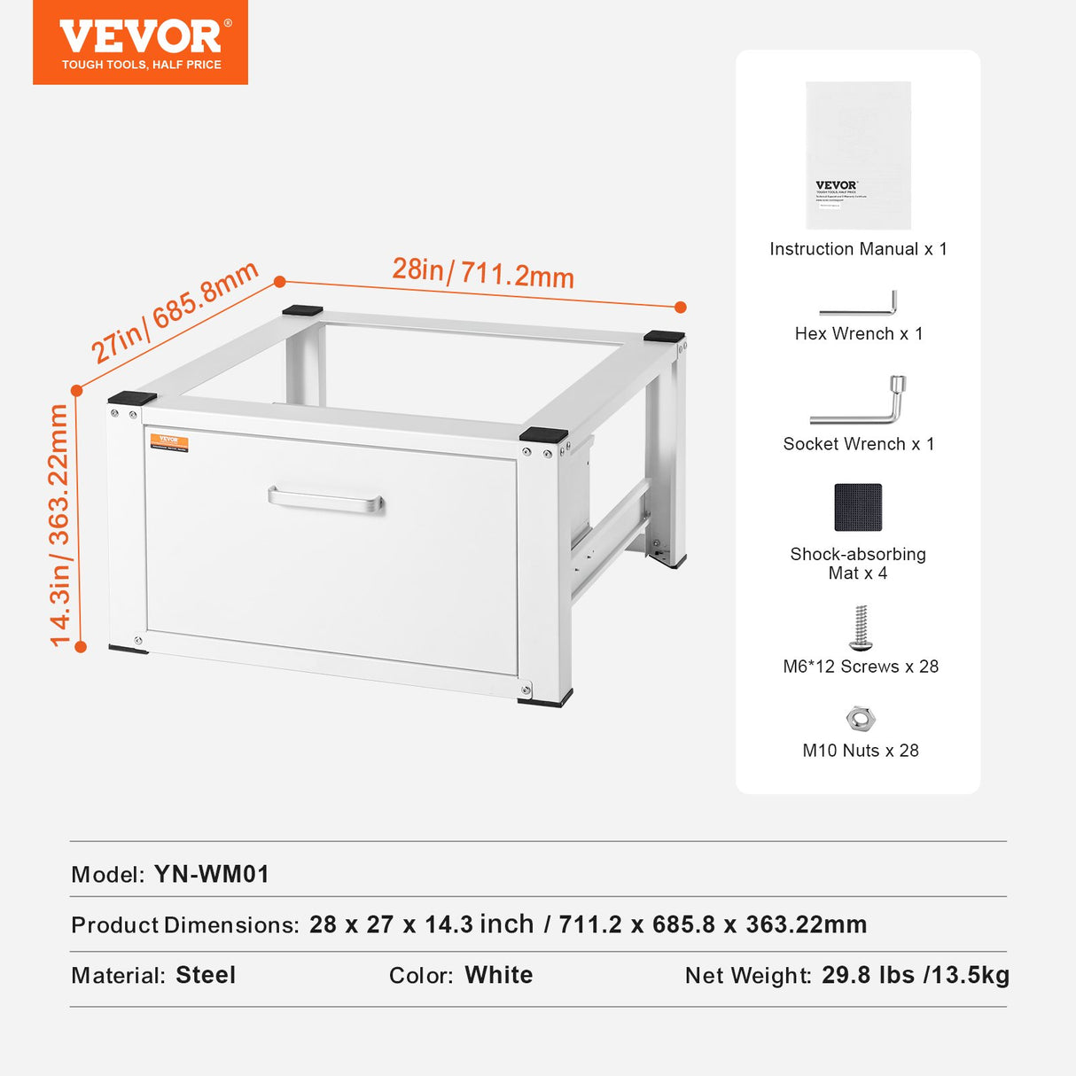 VEVOR Laundry Pedestal 686mmmW x 366mmH, Washer And Dryer Base Stand Platform Universal Fit 299kg Capacity, Heavy Duty Multi-Functional Base for Washing Machine with Drawer & Rich Accessories
