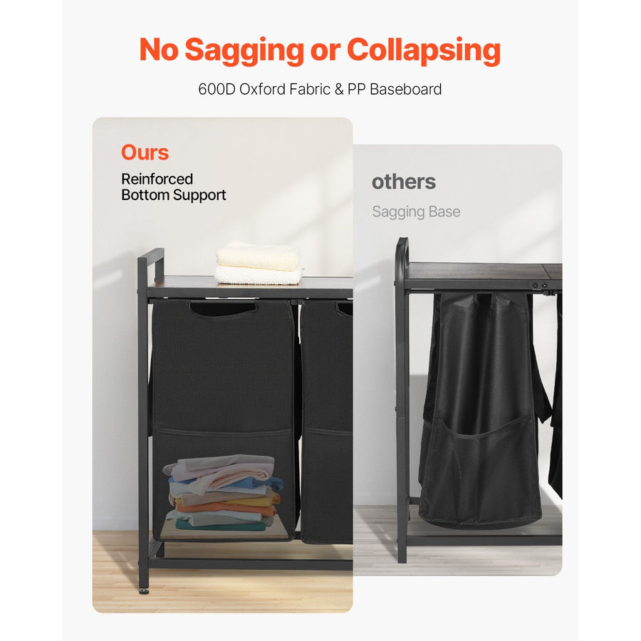 3 Section Laundry Sorter, Large Laundry Hamper with Metal Frame and Wooden Tabletop, Freestanding Storage Organizer Baskets with Pull-Out 600D Oxford Cloth Bags for Dirty Clothes, Bathroom