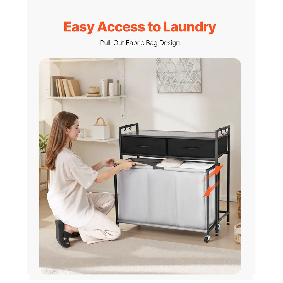 3 Section Laundry Sorter, Rolling Laundry Hamper with 2 Drawers, Hooks & Wheels, Rolling Basket Organizer Storage with Pull-Out Rolling Bags and Wooden Tabletop for Dirty Clothes, Bathroom