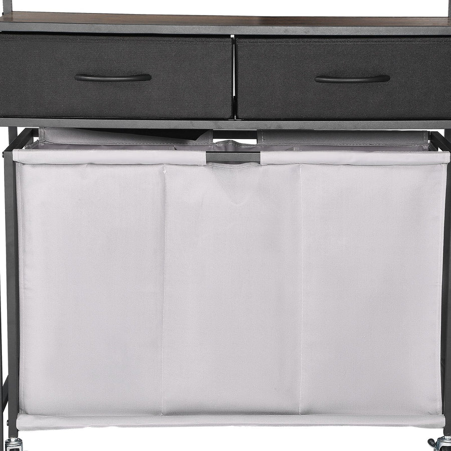 3 Section Laundry Sorter, Rolling Laundry Hamper with 2 Drawers, Hooks & Wheels, Rolling Basket Organizer Storage with Pull-Out Rolling Bags and Wooden Tabletop for Dirty Clothes, Bathroom