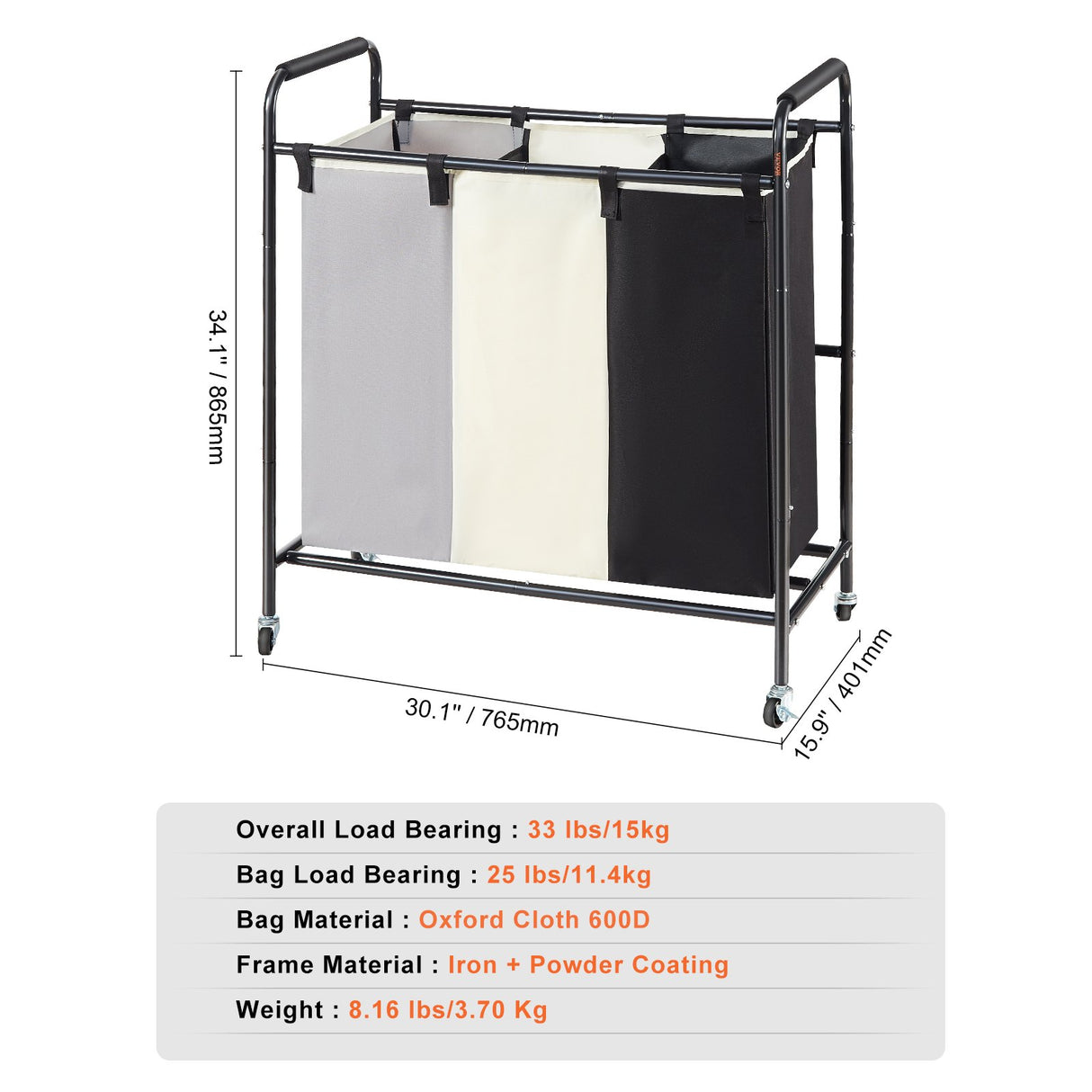 VEVOR 3-Section Laundry Basket, Heavy Duty Laundry Hamper Storage Organizer, Laundry Sorter Cart with Heavy Duty Lockable Wheels for Dirty Clothes in
