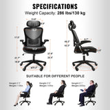 VEVOR Office Chair with Adjustable Lumbar Support High Back Ergonomic Desk Chair with Adjustable Headrest 2D Armrest Ergonomic Office Chair Backrest Computer Chair for Home Office - Close-Up Angle