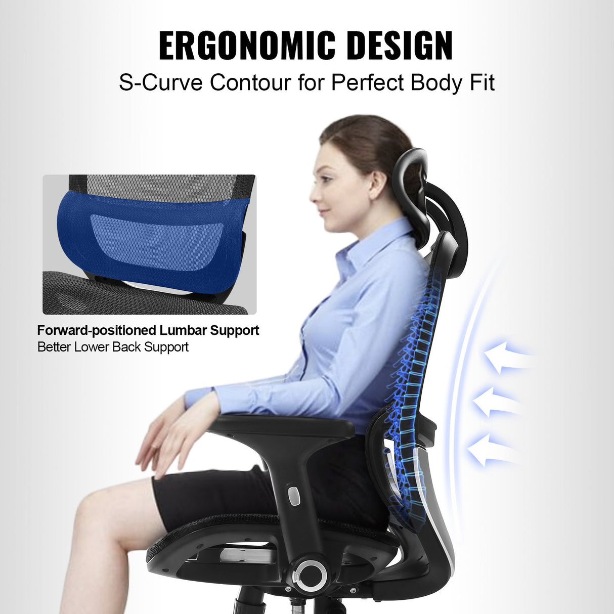 VEVOR Mesh Office Chair, Adjustable High Back Desk Chair with Mesh Seat, Angle and Height Adjustable Home Office Chair with Lumbar and Head Support,