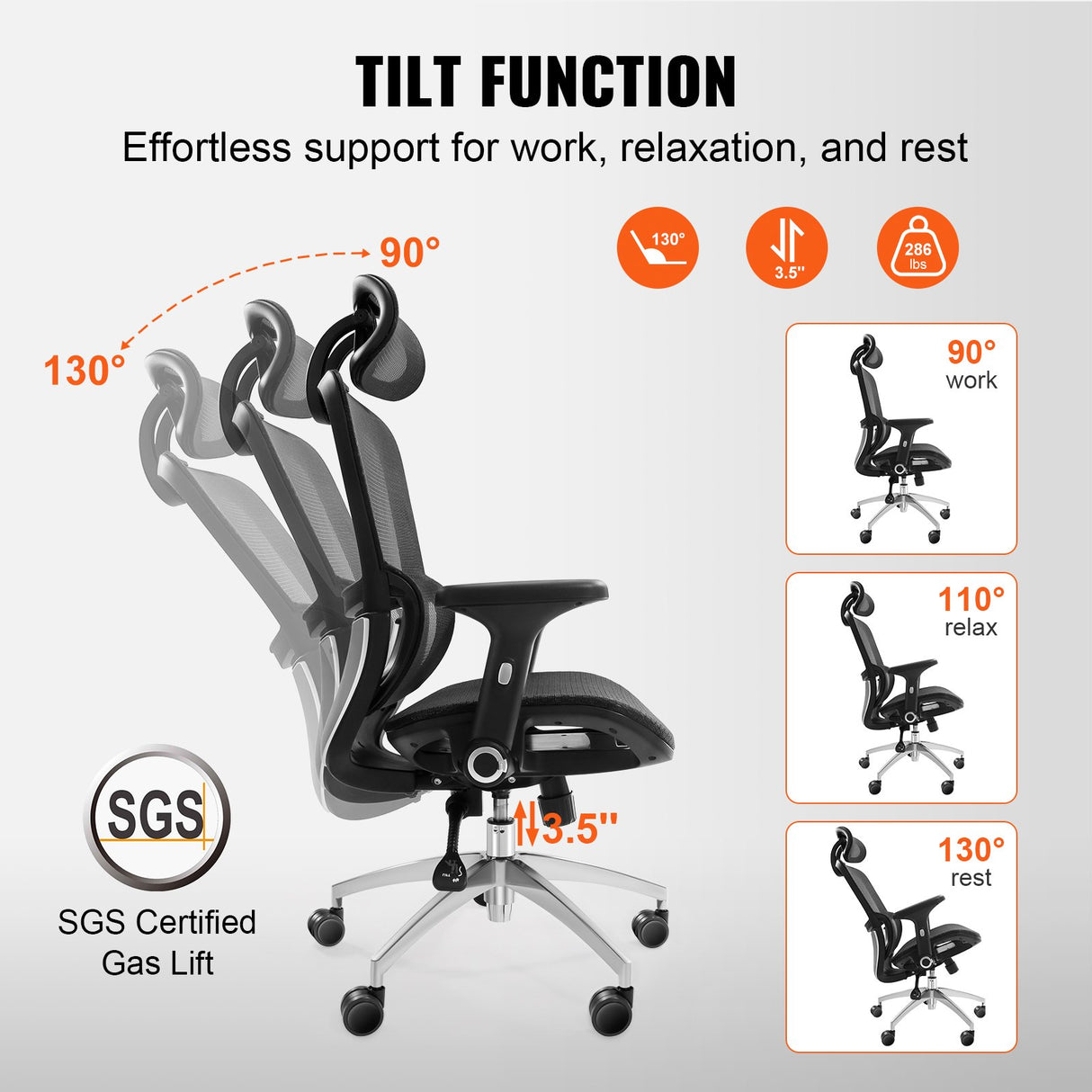VEVOR Mesh Office Chair, Adjustable High Back Desk Chair with Mesh Seat, Angle and Height Adjustable Home Office Chair with Lumbar and Head Support,