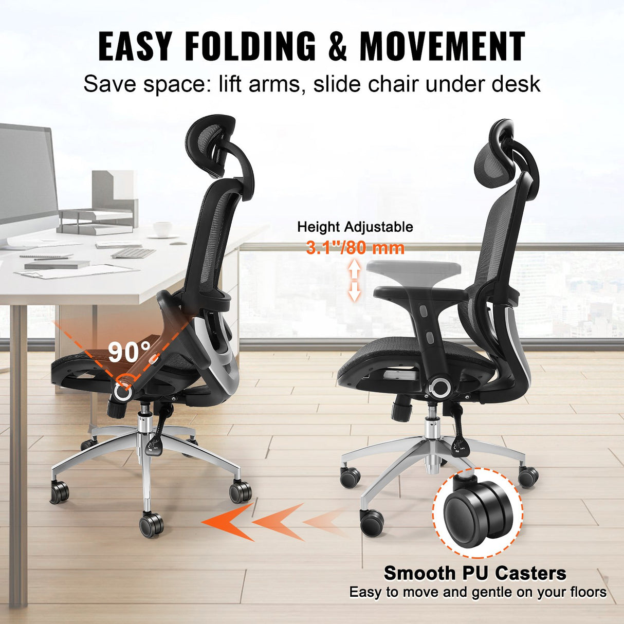 VEVOR Mesh Office Chair, Adjustable High Back Desk Chair with Mesh Seat, Angle and Height Adjustable Home Office Chair with Lumbar and Head Support,