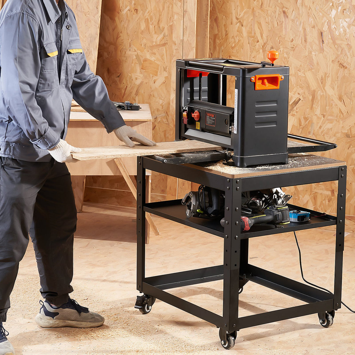 VEVOR Planer Stand, 100 lbs / 45 kg heavy loads, Three-Gear Height Adjustable Thickness Planer Table,with 4 Stable Casters & Storage Space, for most