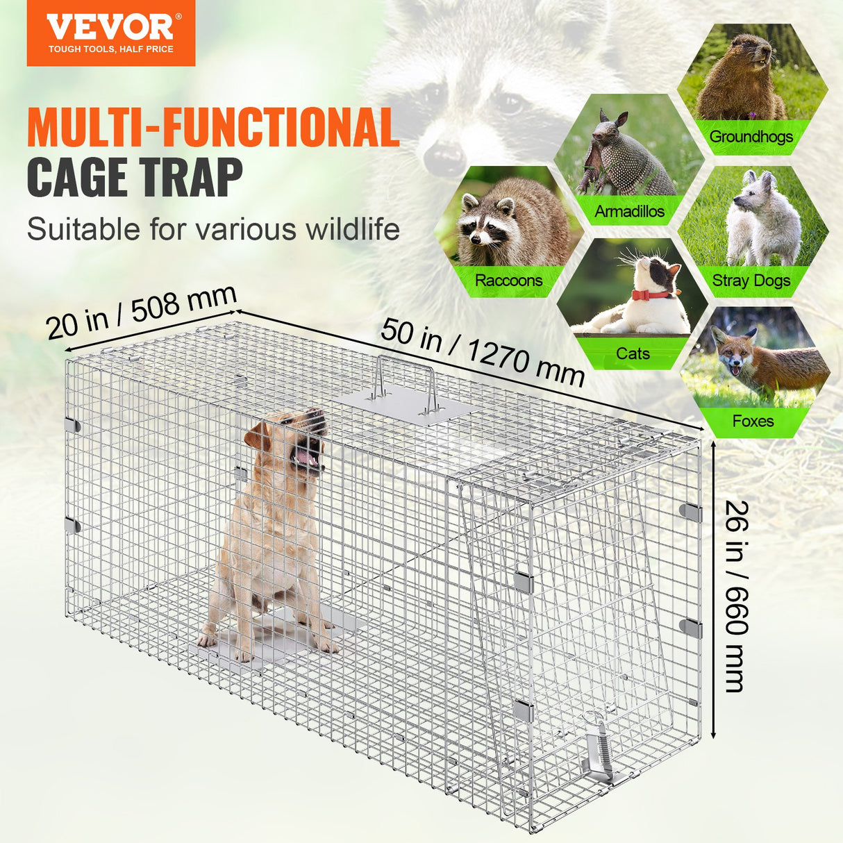 VEVOR Live Animal Cage Trap, 50" x 20" x 26" Humane Cat Trap Galvanized Iron, Folding Animal Trap with Handle for Stray Dogs, Armadillos, Raccoons,