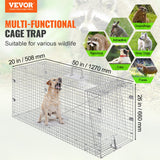 VEVOR Live Animal Cage Trap, 50" x 20" x 26" Humane Cat Trap Galvanized Iron, Folding Animal Trap with Handle for Stray Dogs, Armadillos, Raccoons,