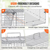 VEVOR Live Animal Cage Trap, 50" x 20" x 26" Humane Cat Trap Galvanized Iron, Folding Animal Trap with Handle for Stray Dogs, Armadillos, Raccoons,