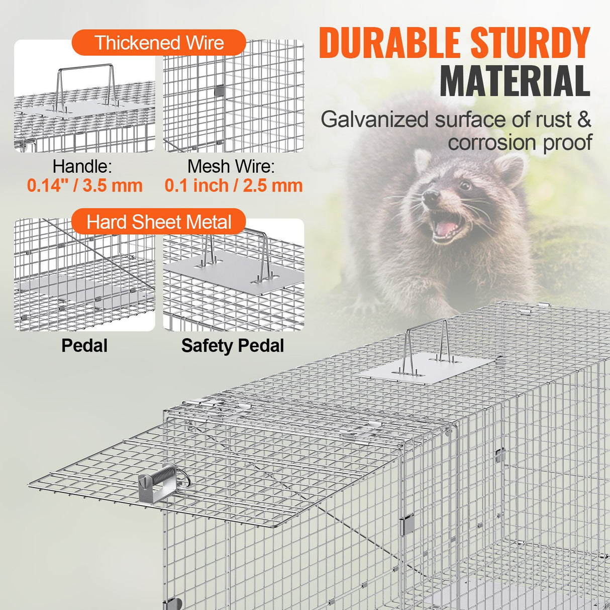 VEVOR Live Animal Cage Trap, 50" x 20" x 26" Humane Cat Trap Galvanized Iron, Folding Animal Trap with Handle for Stray Dogs, Armadillos, Raccoons,