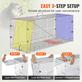 VEVOR Live Animal Cage Trap, 50" x 20" x 26" Humane Cat Trap Galvanized Iron, Folding Animal Trap with Handle for Stray Dogs, Armadillos, Raccoons,