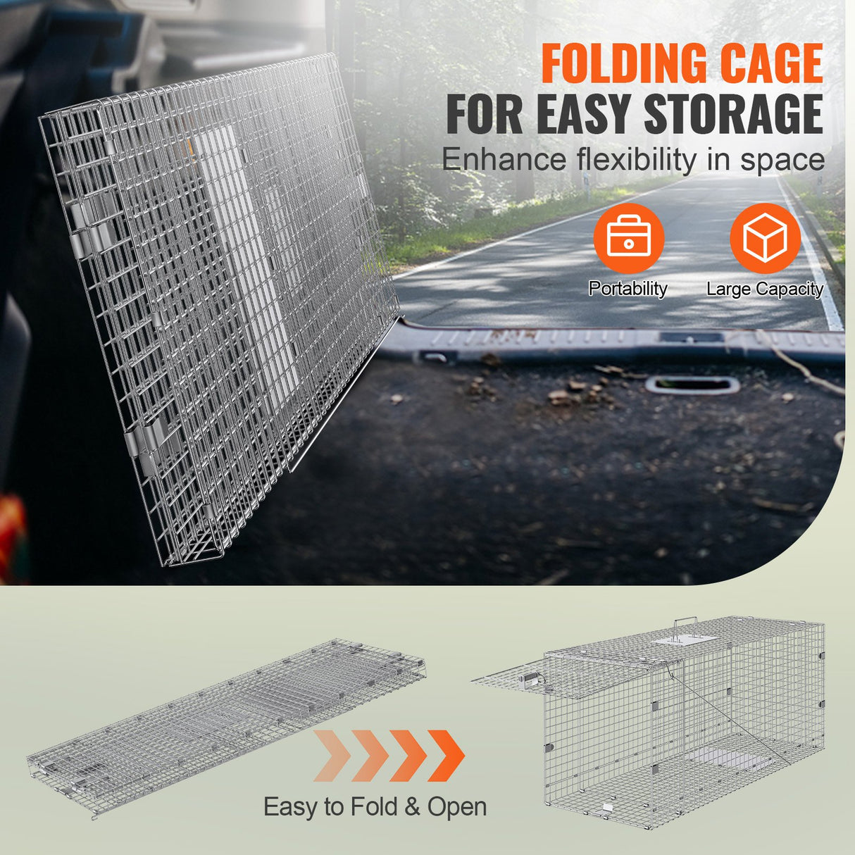 VEVOR Live Animal Cage Trap, 50" x 20" x 26" Humane Cat Trap Galvanized Iron, Folding Animal Trap with Handle for Stray Dogs, Armadillos, Raccoons,