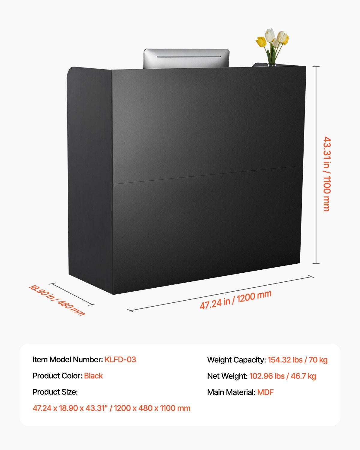 VEVOR Reception Desk, 1200 x 480 x 1100 mm Rectangular Front Counter Table, Office Reception Counter with Lockable Drawer and Storage Cabinet, for Checkout, Lobby, Beauty Salon and Office, Black