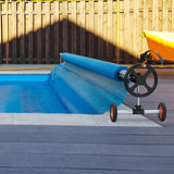 VEVOR Pool Cover Reel, Aluminum Solar Cover Reel 22 ft, Inground Swimming Pool Cover Reel Set with Rubber Wheels and Sandbags, Fits for 5-22 ft Width Swimming Pools - Low Angle