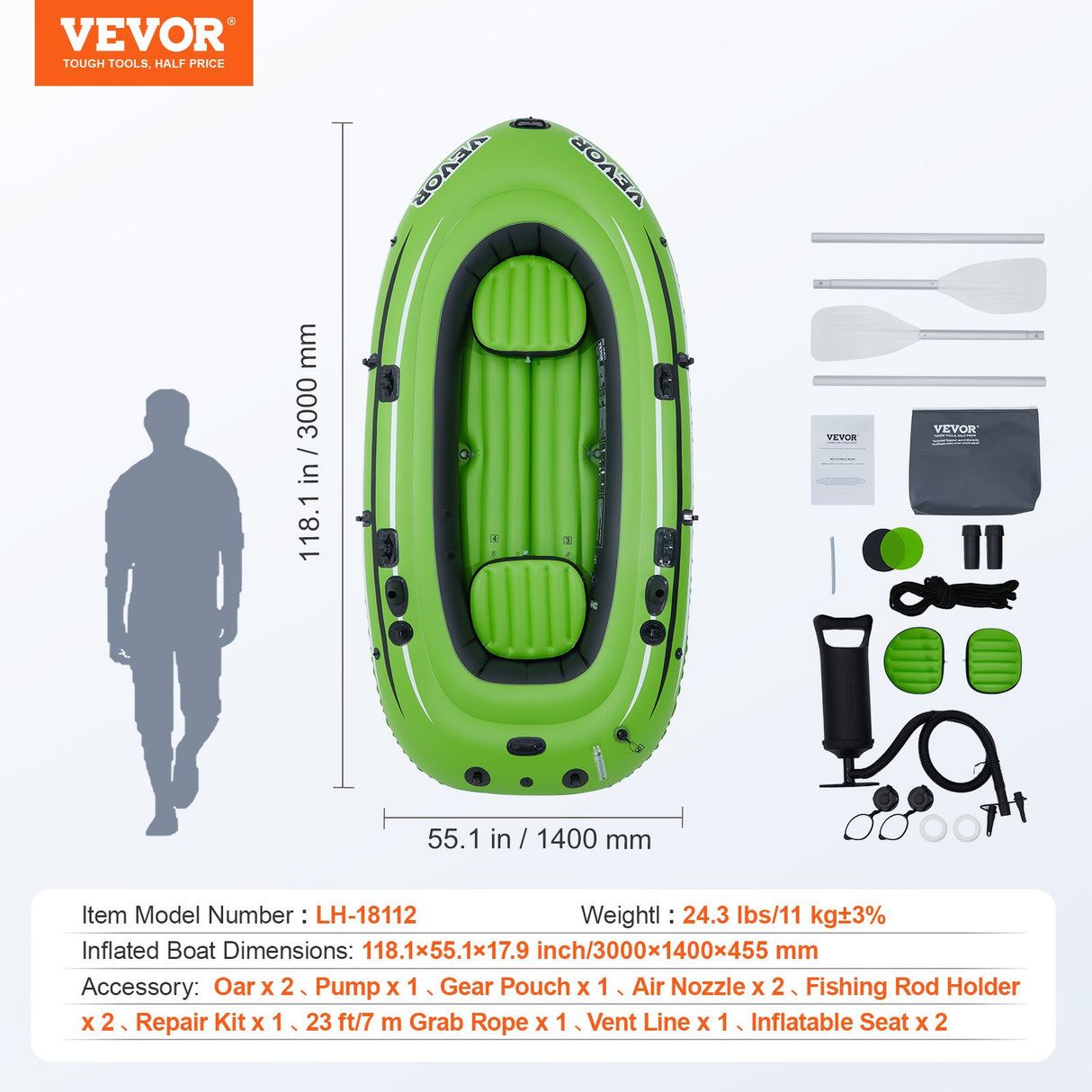 VEVOR Inflatable Boat, 4-Person Inflatable Fishing Boat, Strong PVC Portable Boat Raft Kayak, 1158mm Aluminum Oars, High-Output Pump, Fishing Rod
