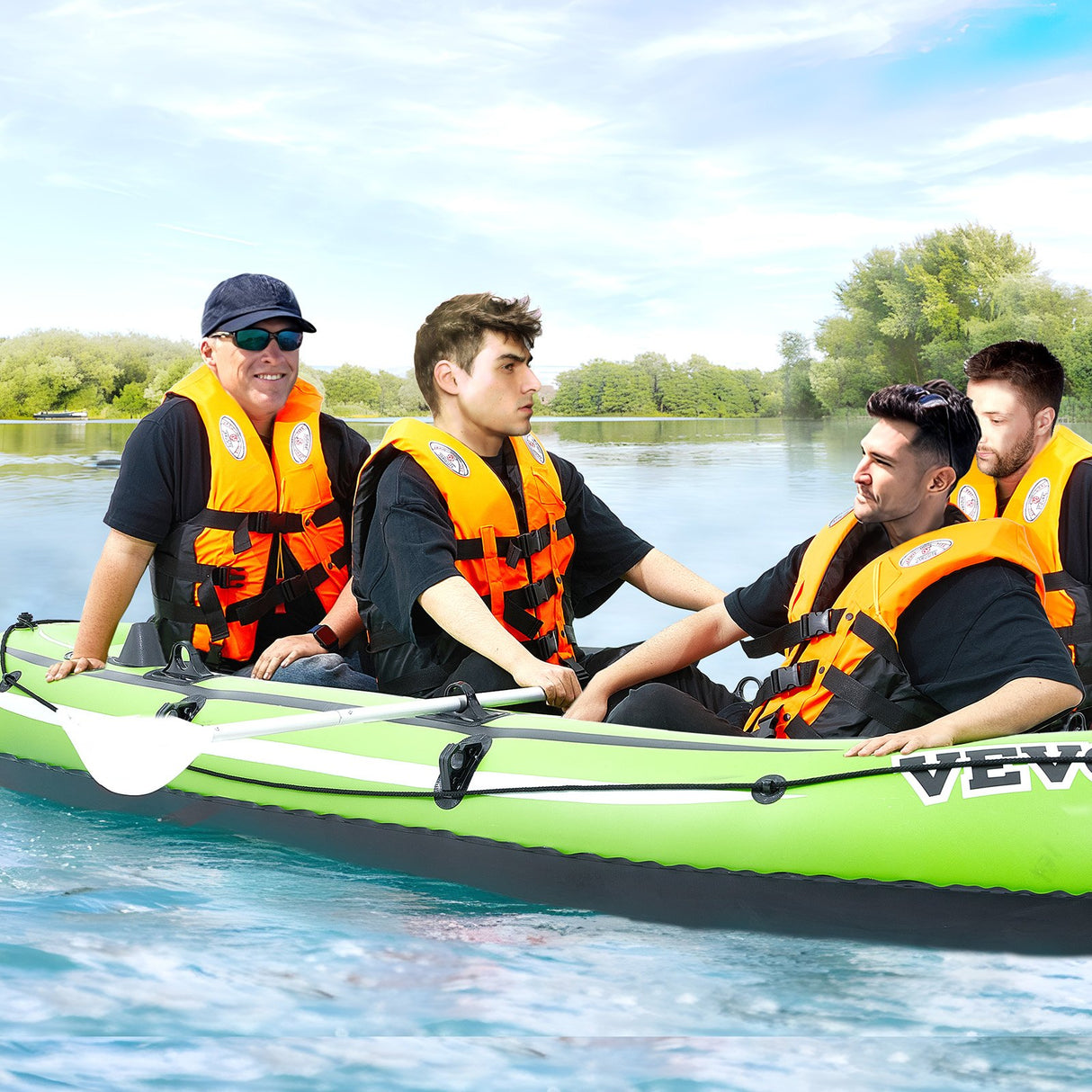VEVOR Inflatable Boat, 4-Person Inflatable Fishing Boat, Strong PVC Portable Boat Raft Kayak, 1158mm Aluminum Oars, High-Output Pump, Fishing Rod