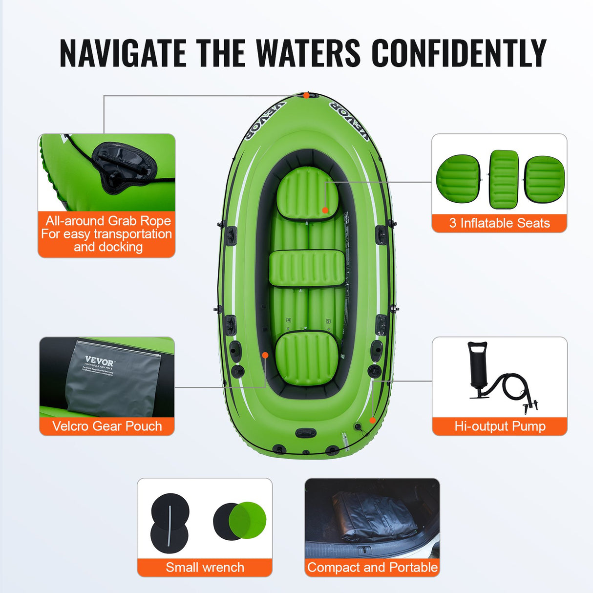 VEVOR Inflatable Boat, 5-Person Inflatable Fishing Boat, PVC Portable Boat Raft Kayak, 1158 mm Aluminum Oars, High-Output Pump, Fishing Rod Holders,