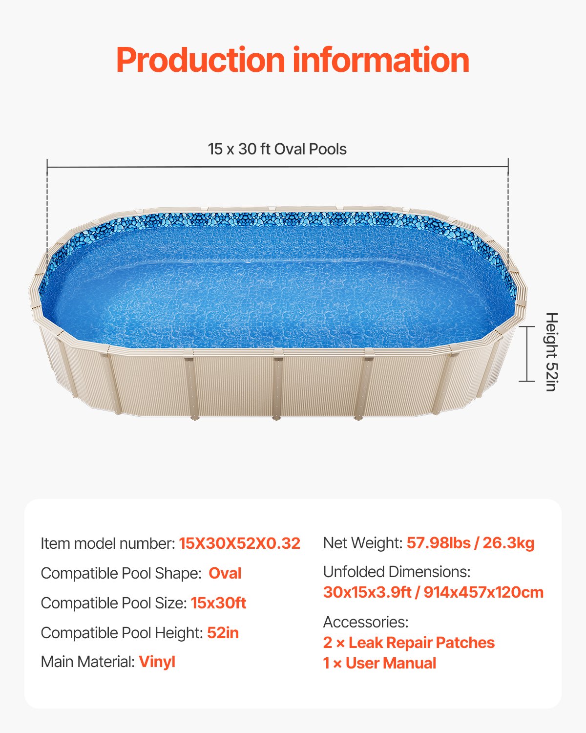 Oval Pool Liner 15x30ft Unibead Style Pool Liner 52in Wall Height