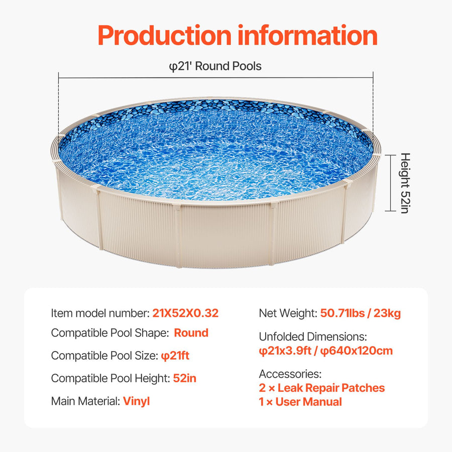 21-ft Round Above Ground Pool Liner, Unibead Pool Liners, Standard Gauge, 52inch Wall Height, Designed for Steel Sided Above-Ground Swimming Pools