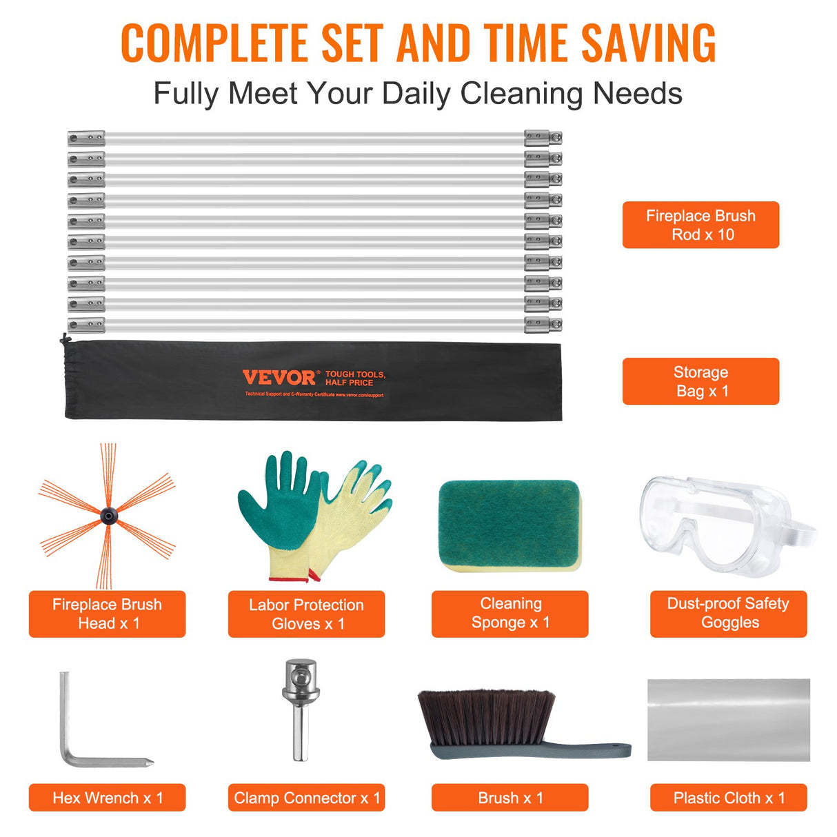 VEVOR 10 m Chimney Sweep Kit, w/ 10 Reinforced Nylon Flexible Rods, Ergonomic Chimney Cleaning Brush, 360-Degree Brush Chimney Cleaner, Rich