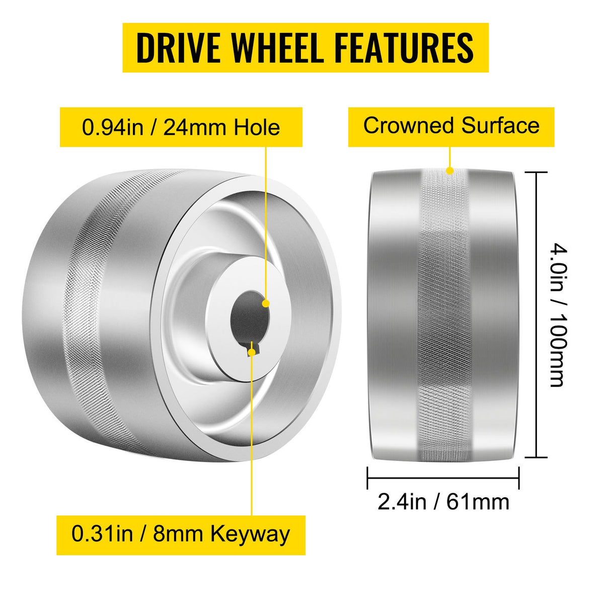 VEVOR Belt Grinder 2" x 72" Wheel Set, Belt Knife Grinder Wheel Set, Aluminum Belt Grinder Wheel Crowned for Knife Grinder with 4" Drive Wheel (0.94" Bore), 3" Tracking Wheel and 2 x 2" Idler Wheels
