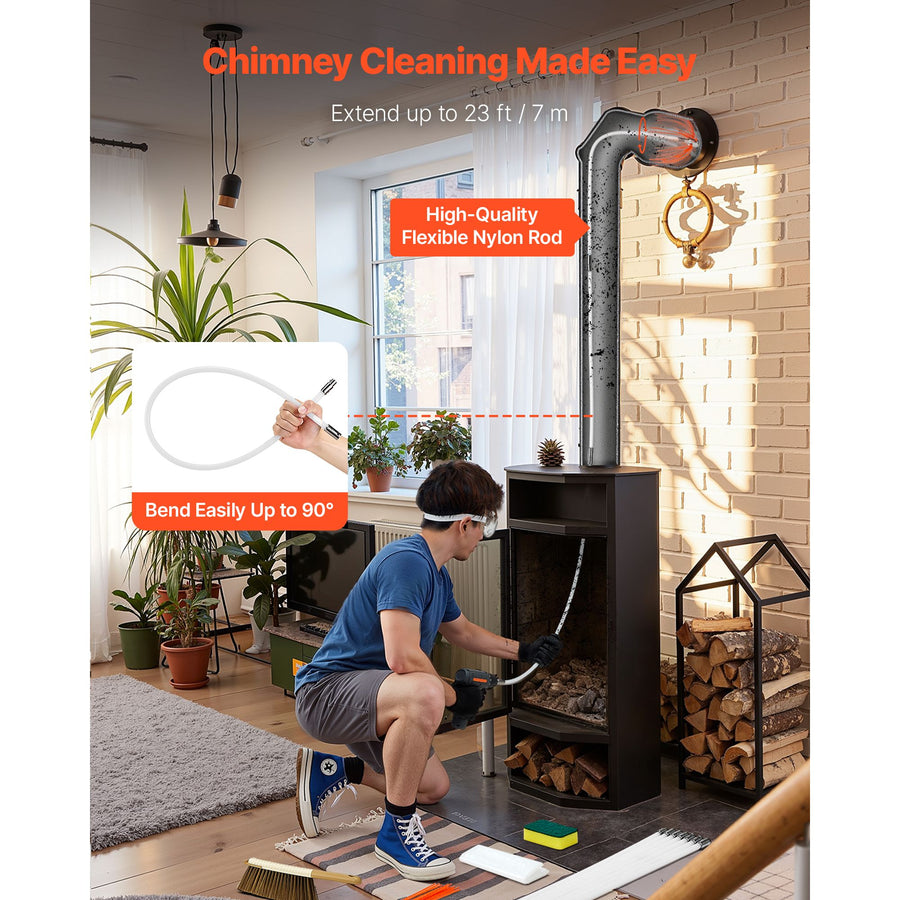 Chimney Sweep Kit, 7m Maximum Extendable Length Chimney Brush, Chimneys Cleaning Kit with Bristle Replacements & Goggles, 90° Bendable Fireplace Cleaning Tool, for Square, Rectangle Chimneys
