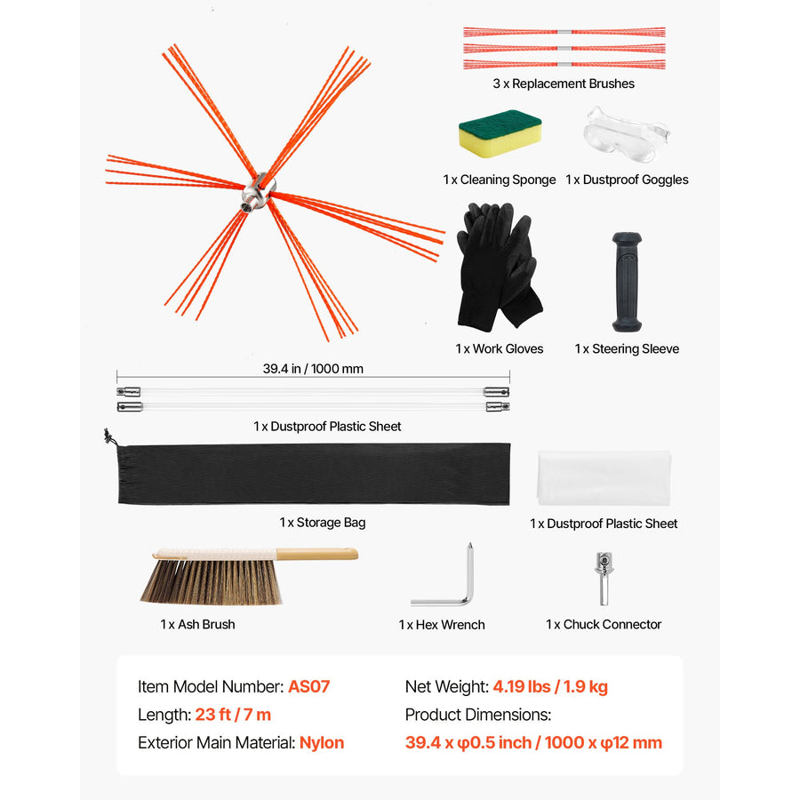 Chimney Sweep Kit, 7m Maximum Extendable Length Chimney Brush, Chimneys Cleaning Kit with Bristle Replacements & Goggles, 90° Bendable Fireplace Cleaning Tool, for Square, Rectangle Chimneys