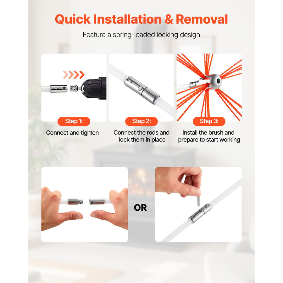 Chimney Sweep Kit, 12m Maximum Extendable Length Chimney Sweep, Chimneys Cleaning Kit with Bristle Replacements & Goggles, 90° Bendable Fireplace Cleaning Tool, for Square, Rectangle Chimneys